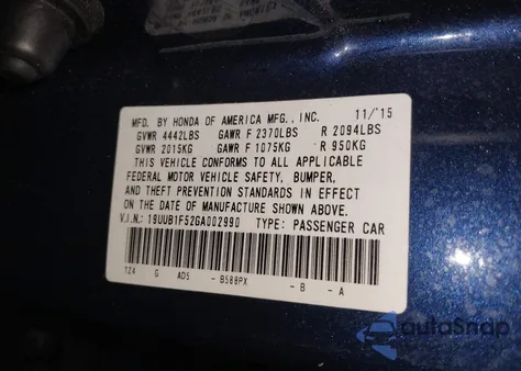 2016 Acura Tlx Tech из США, поврежденный, VIN 19UUB1F52GA002990